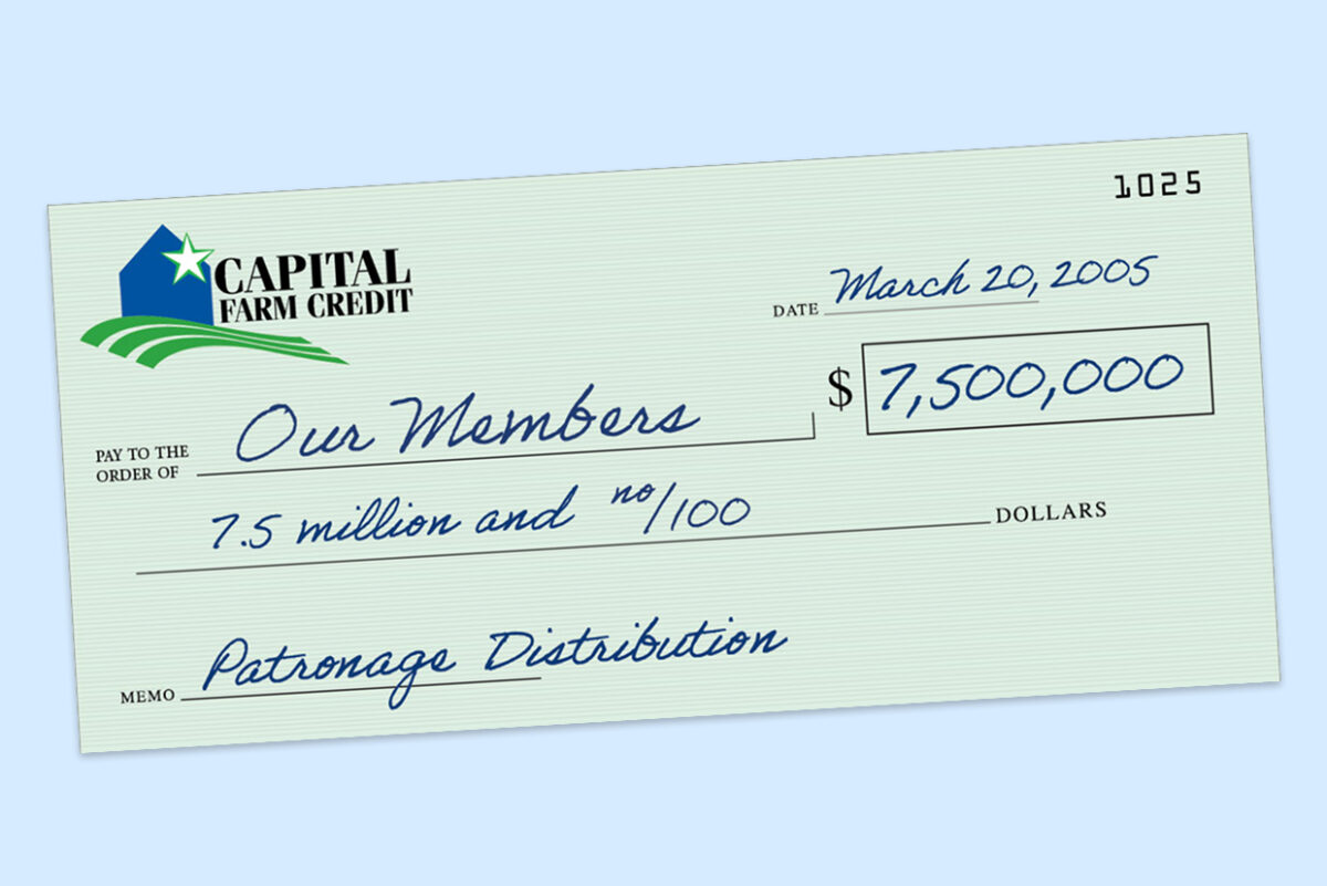 illustration of a bank check representing CFC's 7.5 million dollar patronage distribution